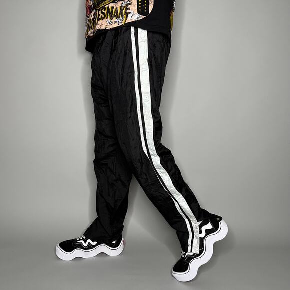 active stuff Other - Vintage 90s Track Pants Mens M Baggy Flared Fit Jet Black Nylon White Lined